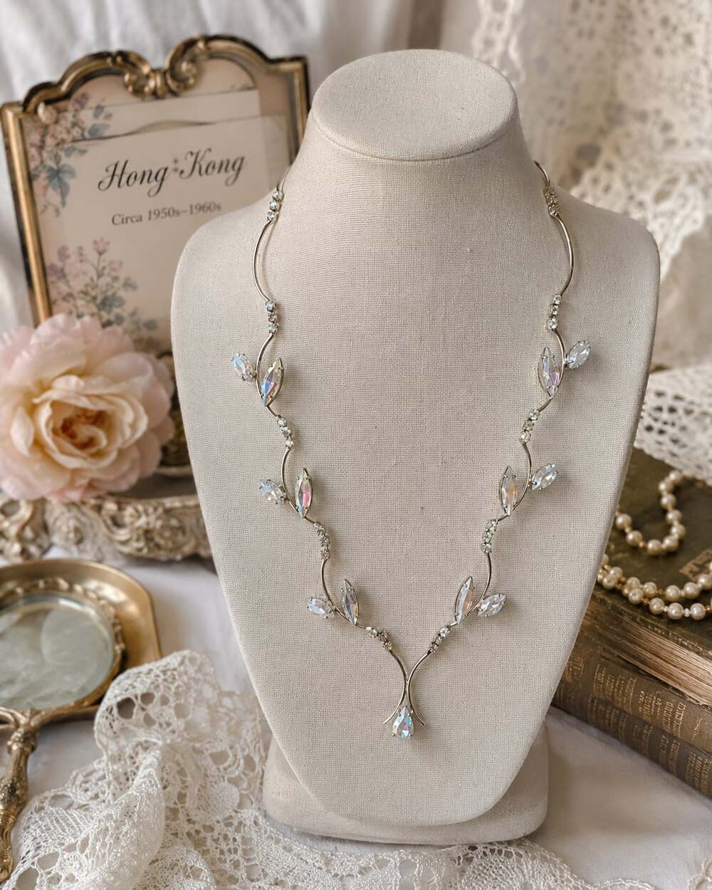 Vintage Hong Kong Aurora Borealis Marquise Rhinestone Leaf Vine Necklace